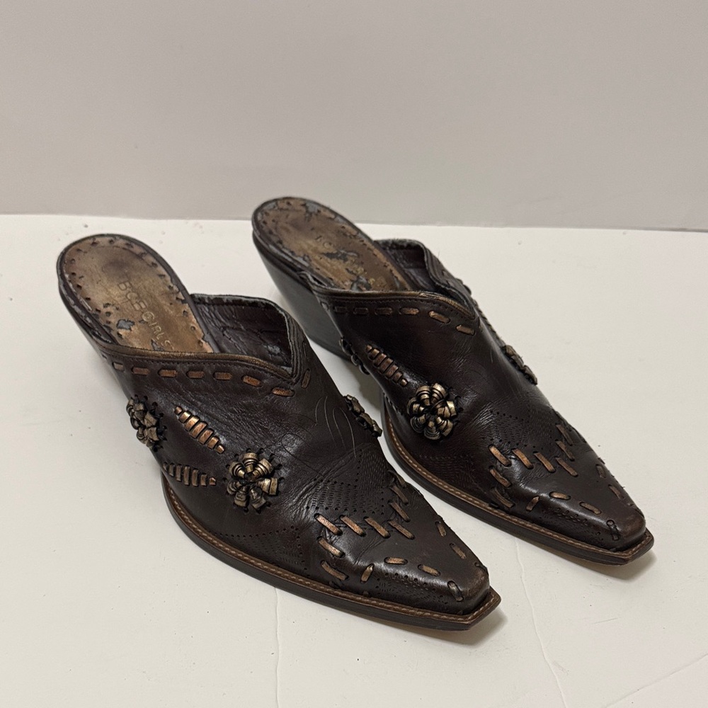 BCB Girls Women’s Dark Brown Leather Embellished Mule Heels
